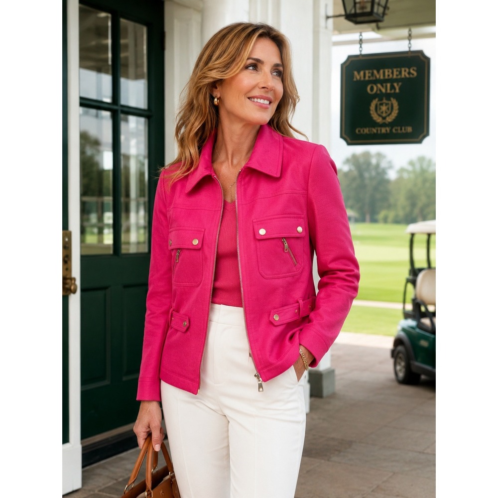 Peter Nygard Womens Pink Cotton Blend Zip Utility Jacket Snap Pockets Workwear M